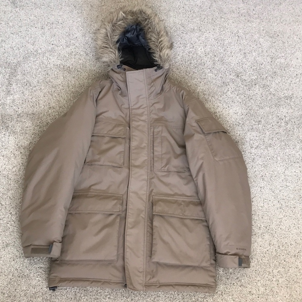 Eddie Bauer Mens Goose Down Weatheredge Faux Fur Hooded Parka Size: Small